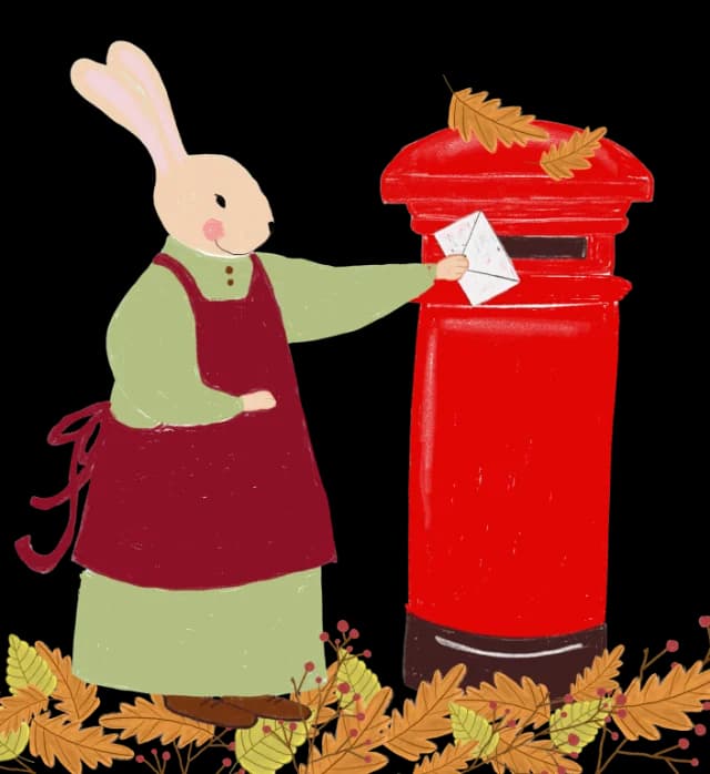 Magnolia, la coneja, echando una carta al buzón