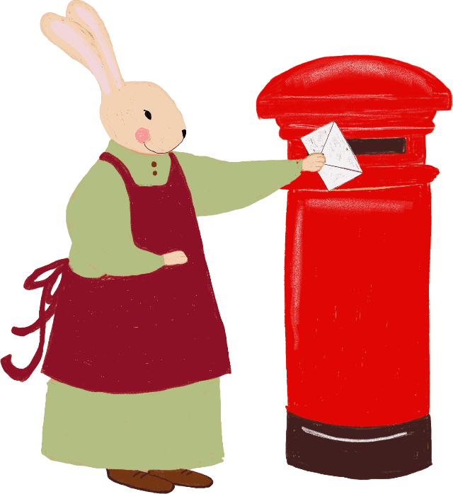 Magnolia, la coneja, echando una carta al buzón